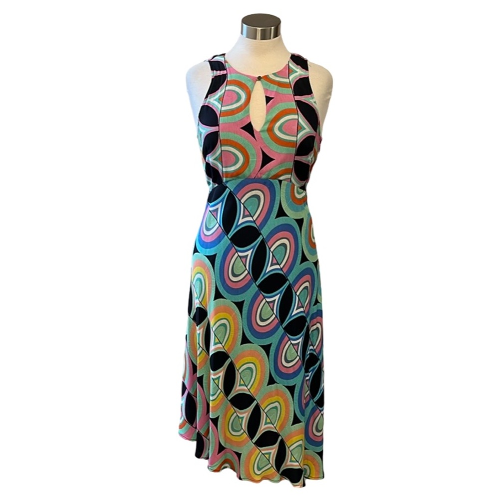 ANTHROPOLOGIE Colorful Geometric Print Keyhole Neckline Midi Dress Sz‎ 4